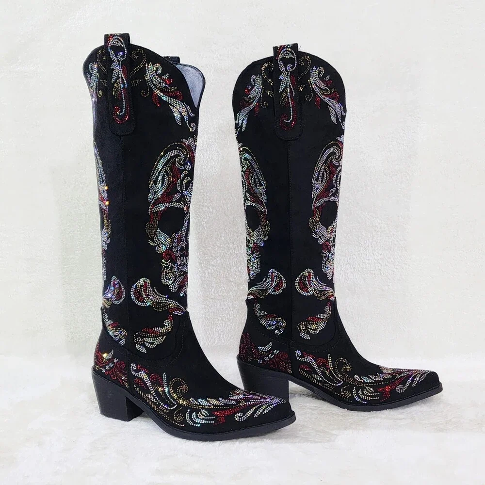 NIB MUERTO Goth Western Cowgirl Boots Sparkling Iridescent Rhinestones Skull - Picture 5 of 16